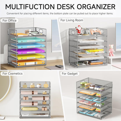 Lavatino 5 Tray Desk File Organizer, Black Mesh Paper Sorter Letter Tray Organizer with Handle, Desktop File Organizer and Storage for Letter/A4 Office File Folder
