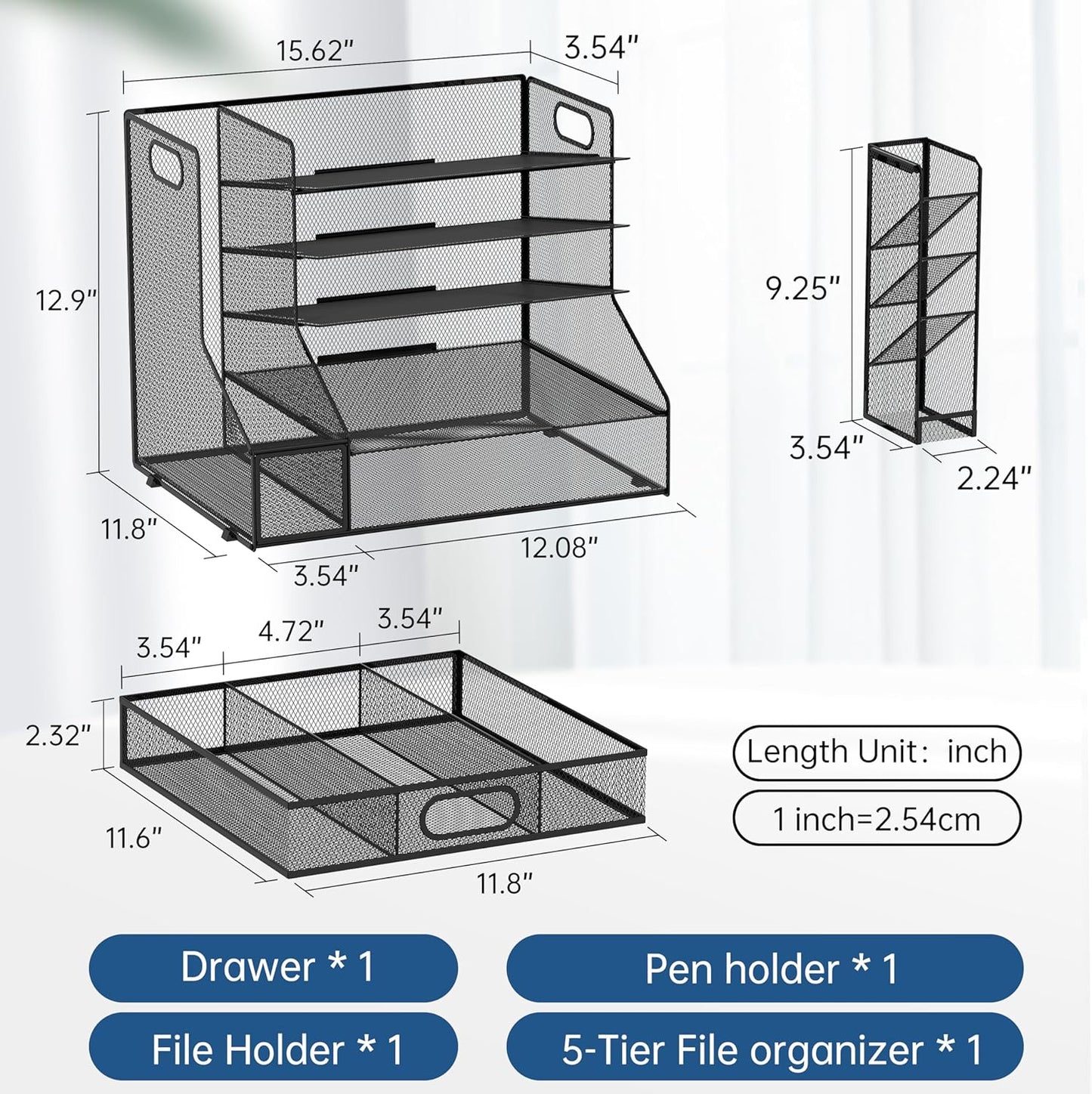 SUPEASY Desk Organizer with File Holder, 5-Tier Mesh Paper Letter Tray Organizer with Pen Holder and Drawer, Desktop Organizer and Storage with 3 Tilted File Sorter for Office Supplies, Blue