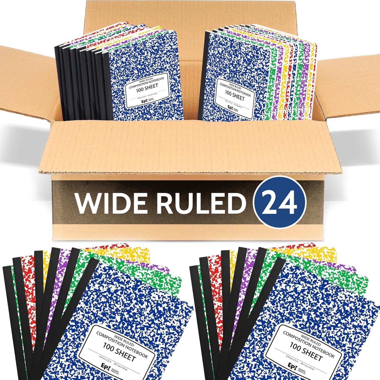 48 Pack - EPI Marble Hardcover Wide Ruled Composition Notebook | 200 Pages (100 Sheets), 9.75 x 7.5 in, Sturdy Sewn Binding | School, Office, Journaling, Notes