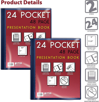 Better Office Products 24 Pocket Bound Presentation Book, Blue with Clear View Front Cover, 48 Sheet Protector Pages, 8.5" x 11" Sheets, Art Portfolio, Durable Poly Covers, Letter Size, Blue
