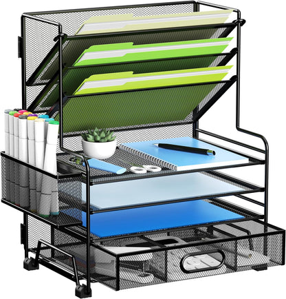 MINDEPOT 4-Tier Paper Organizer + 3-Pocket File Holder + Drawer + Pen Holders, Desktop File Organizers Paper Tray for Office Supplies School Classroom Organization (Black, No Drawer & Pen Holder)