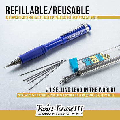 Pentel Twist-Erase III Mechanical Pencil, (0.5mm), Fine Line, Black Barrel, Pack of 4 (QE515BP4A)