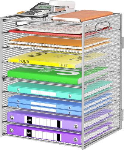 Cawukege 9 Tier Paper Organizer with Handle, Black Large Capacity Desk Organizer Mesh File Folder Letter Paper Tray Desktop Document Sorter for Classroom, School, and Office Accessories Organization