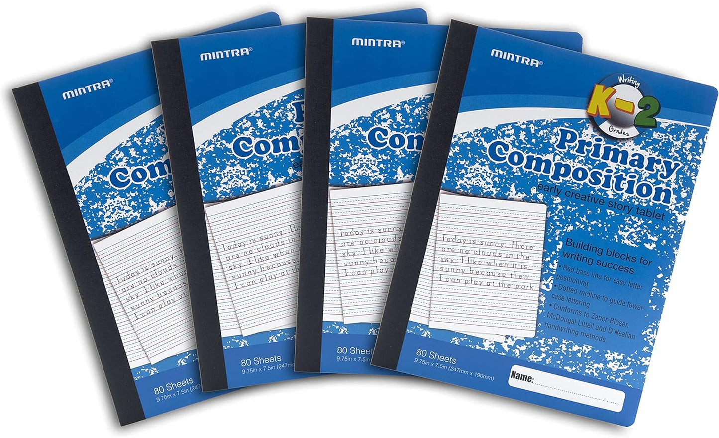 Mintra Primary Composition Notebook, 4 Pack, Assorted Colors 80 Sheets, 7.5in x 9.75in, 1/2 Sheet, Ruled with Drawing Area, Flexible Hardcover Journal, Grades K-2, School & Home Use