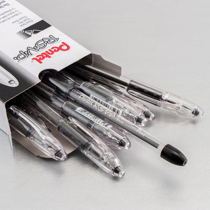 Pentel RSVP Ballpoint Pen, Fine Line, (0.7mm), Black Ink (BK90-A) (Pack of 1, 12 Count Total)