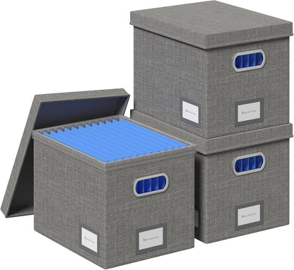 File Organizer Box - File Boxes for Hanging Files with Lid Set of 2 Decorative Hanging Folders Letter Size Organizer with One-Piece Plastic Frame Slides (Grey, 13.2 * 10.1 * 10.1in(2Pack))
