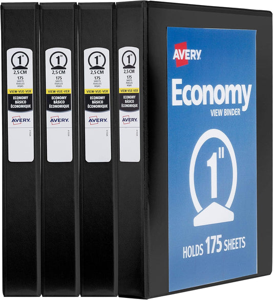 Avery Standard View 3 Ring Binders, 1" Round Rings, 175-Sheet Capacity, 1.4 Inch Wide Spine, Black Binders, Ideal for Lightweight Organization and Occasional Referencing (4-Pack of 19203)