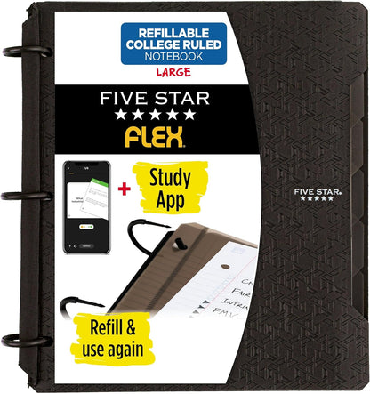 Five Star Flex Refillable Notebook + Study App 1 Inch O-Rings Binder with Pockets Tabs and Dividers, 220 Sheet Capacity, Includes 60 Sheets 8.5" x 11" College Ruled Paper, Prom Pink (293280R)