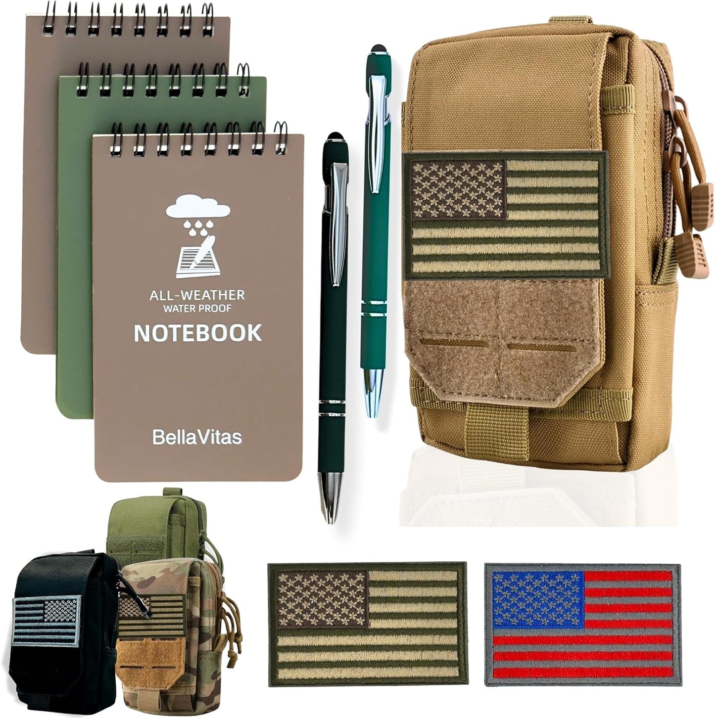Tactical Molle Pouch Small Notebook Cover EDC Utility Bag Tool Pouch Gadget Organizer Military Waist Bag with US Flag Patch, 3”x5” Waterproof Notepad Pocket Notebook and Weatherproof Pen