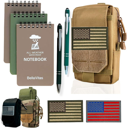 Tactical Molle Pouch Small Notebook Cover EDC Utility Bag Tool Pouch Gadget Organizer Military Waist Bag with US Flag Patch, 3”x5” Waterproof Notepad Pocket Notebook and Weatherproof Pen