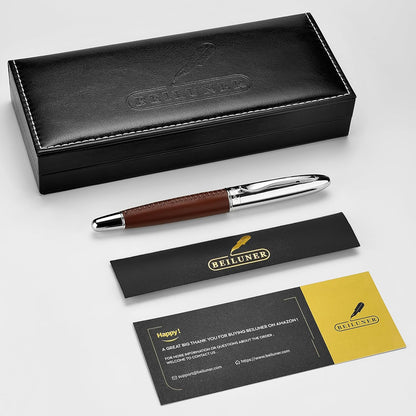 BEILUNER 318 Luxury Leather Pen, Hand-Stitched Premium Leather, Chrome-Plated Finish, Schmidt Ink Refill, Best Rollerball Pen Gift for Men & Women, Refillable, Executive Writing, Nice Pens