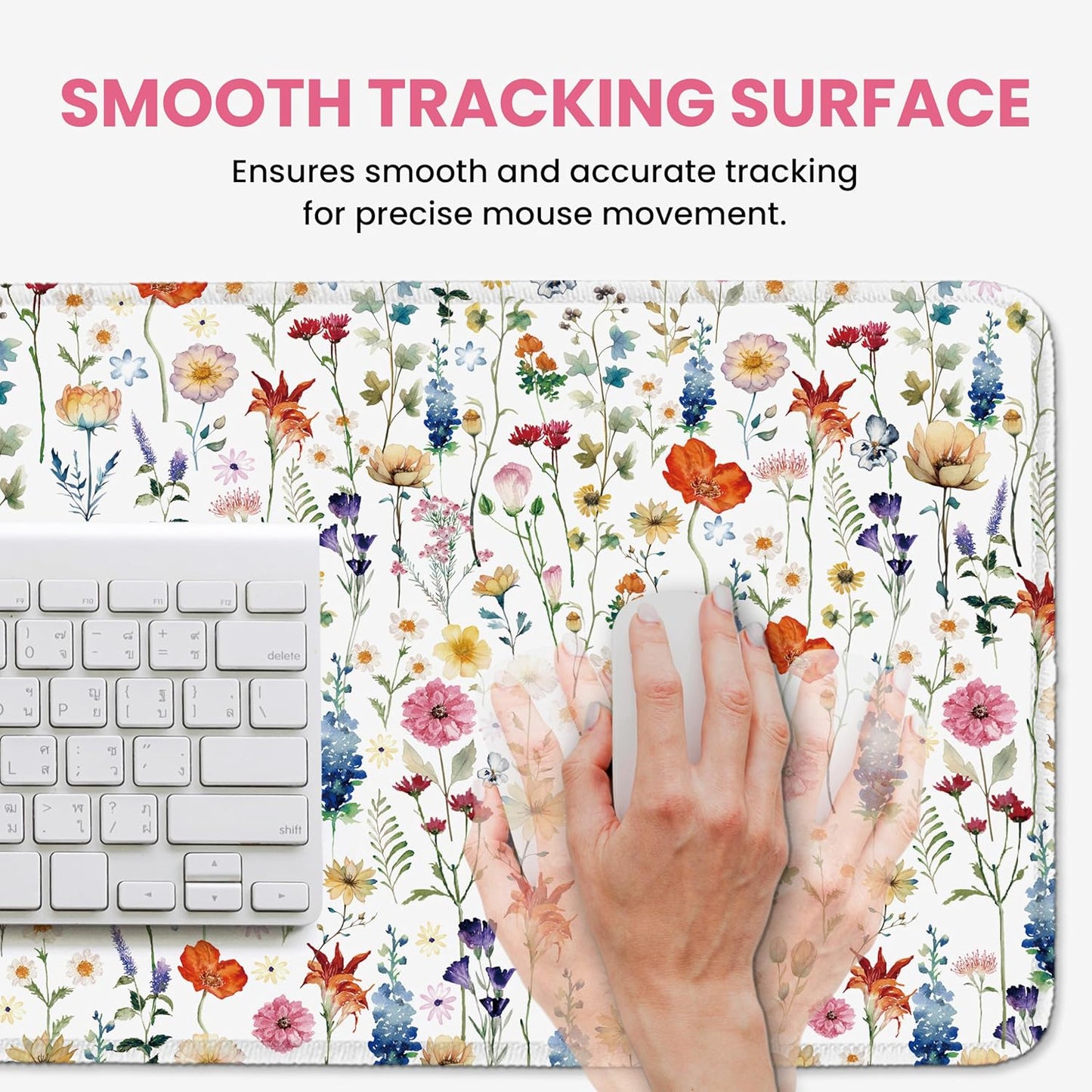 Large Mouse Pad for Desktop, Cute Desk Mat Pad Protector for Work & Gaming, Aesthetic Pretty Anti-Slip Laptop Blotter Cover for Office School Home Supplies, Wildflowers, 31.5" x 11.8"