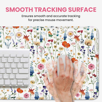 Large Mouse Pad for Desktop, Cute Desk Mat Pad Protector for Work & Gaming, Aesthetic Pretty Anti-Slip Laptop Blotter Cover for Office School Home Supplies, Wildflowers, 31.5" x 11.8"