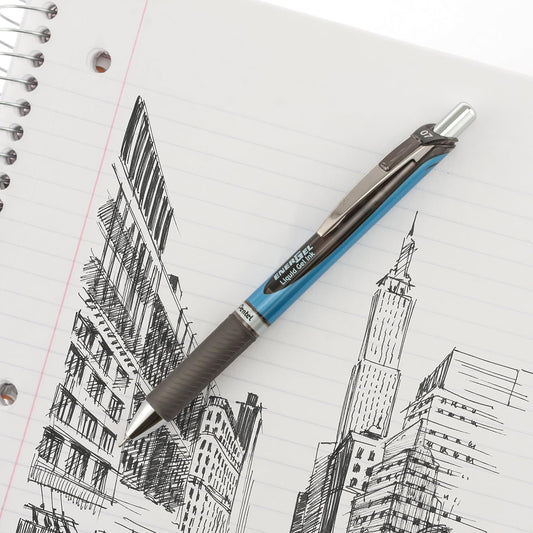 Pentel EnerGel Deluxe RTX Retractable Liquid Gel Pen, Medium Line, Needle Tip, Blue Ink, Box of 12 (BLN77-C), 0.7mm needle