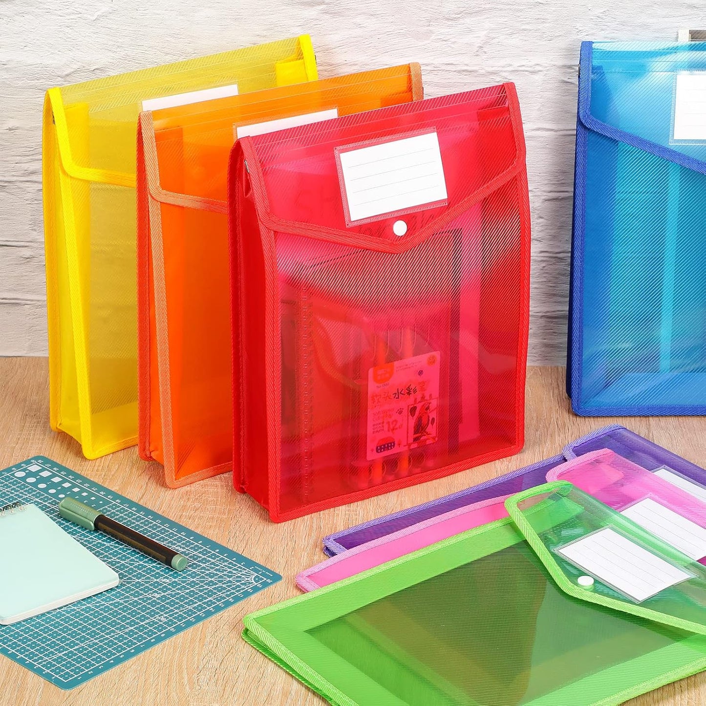 10 Pieces Plastic File Folders Envelope Expanding File Wallet Organizer Documents Folder with Snap Closure and Pocket, A4 Size Waterproof Transparent Pouch(White,Horizontal)