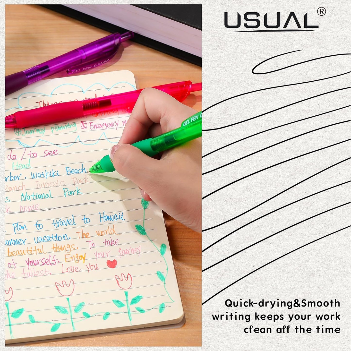 USUAL Gel Pens 0.5 mm,12 Pack Retractable Black Ink Pen Fine Point Rollerball Pens,Quick Dry Smooth Writing,No Bleed for Journaling Note Taking, Home School Office Supplies