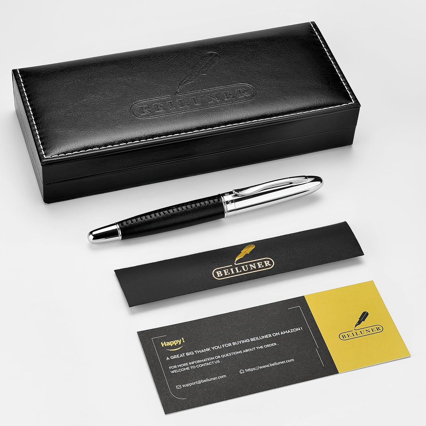 BEILUNER 318 Luxury Leather Pen, Hand-Stitched Premium Leather, Chrome-Plated Finish, Schmidt Ink Refill, Best Rollerball Pen Gift for Men & Women, Refillable, Executive Writing, Nice Pens