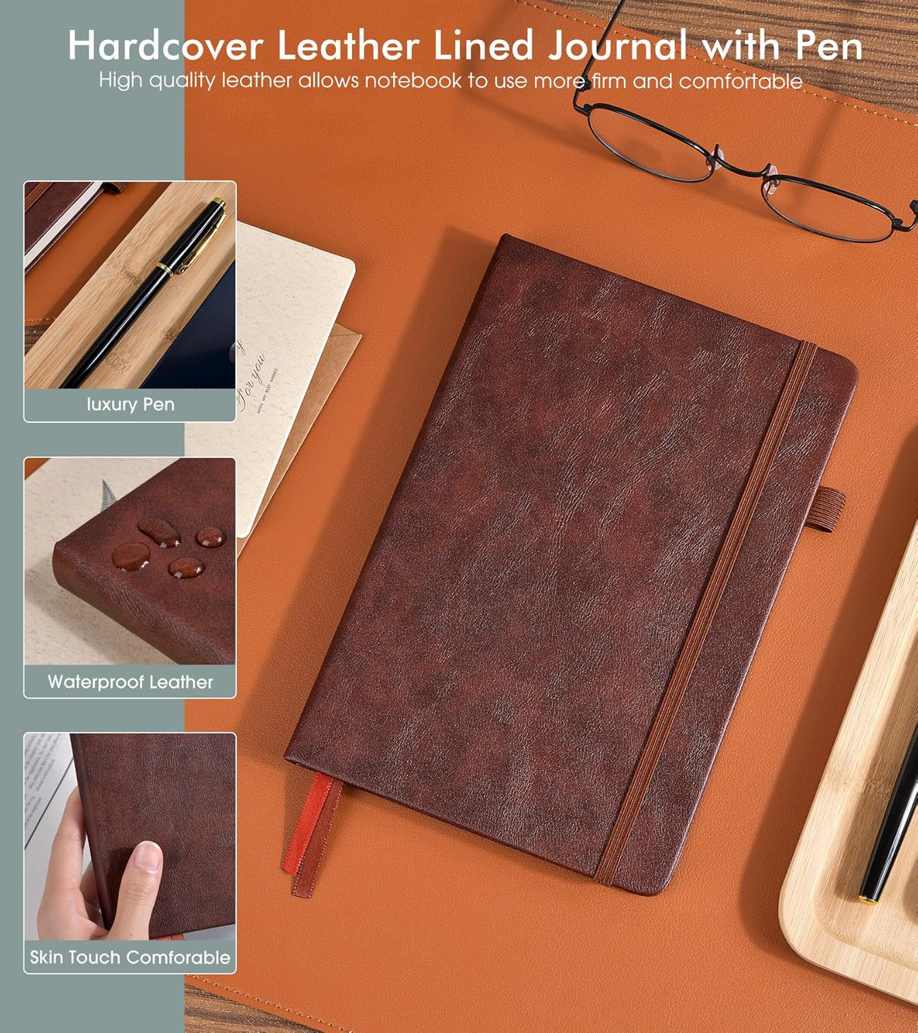 Lined Journal Notebook for Men Women, 200 Numbered Pages Leather Hardcover Journal with Pen, A5 Journaling Notebooks, Thick Paper College Ruled Journals for Writing Work Business 5.75'' X 8.38'' Black