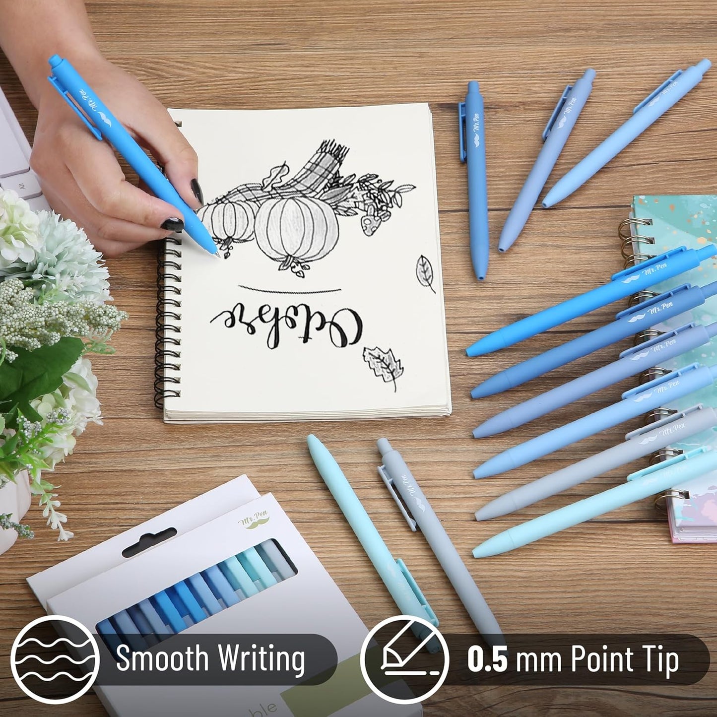 Mr. Pen- Retractable Gel Pens, 12 Pack, Colorful Ink, Fine Point 0.7mm, Fast Dry, Smooth Writing, Cute Pens for Drawing, Writing Planner and School Supplies