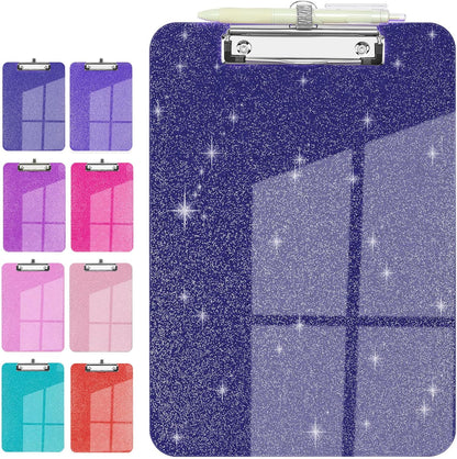 Sparkly Clipboard with Pen Holder, Clear Plastic Glitter Clip Board, Hanging Shiny Clipboards with Low Profile Metal Clip, Letter A4 Size for Taecher Women Office School (Rose Pink)