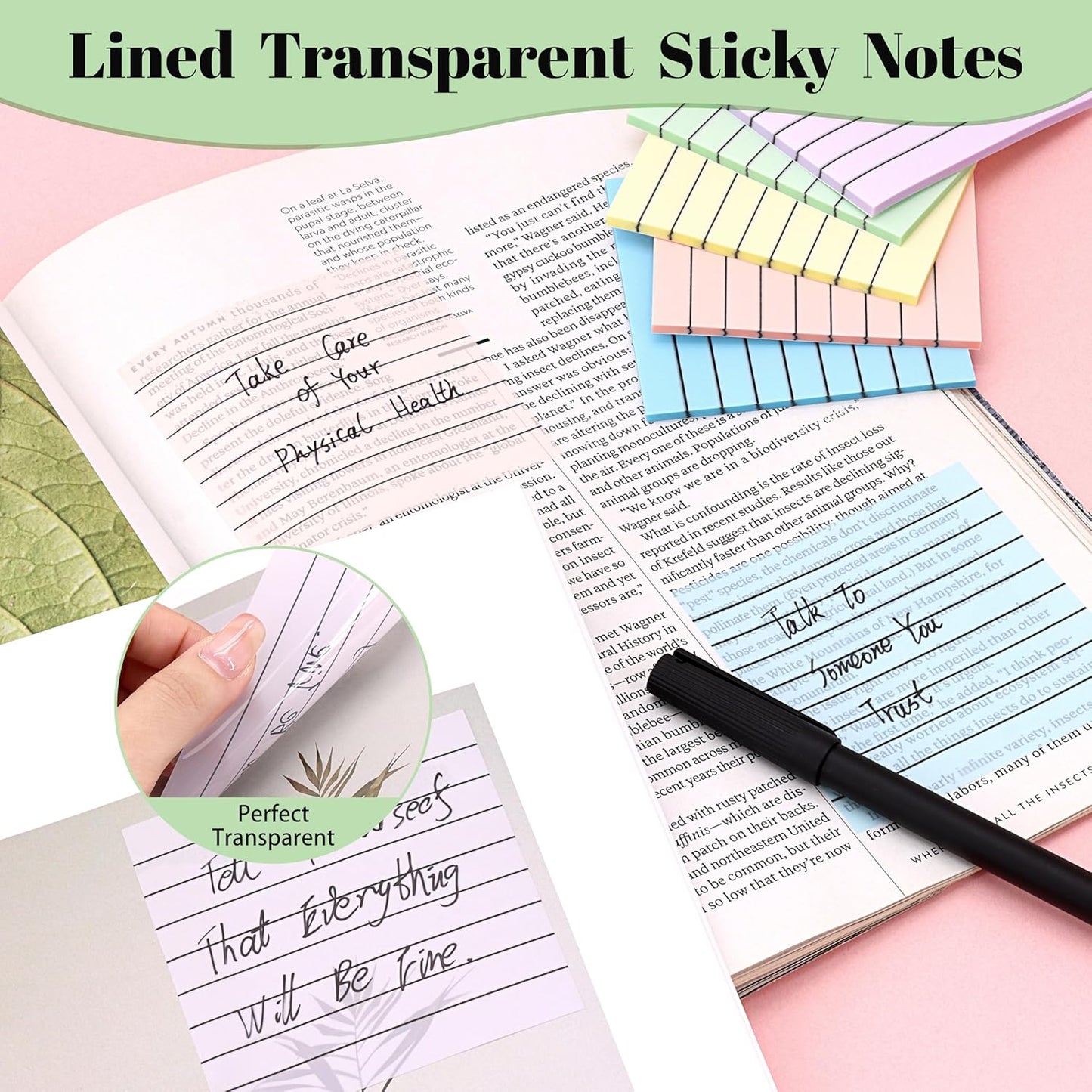 3x3 Inch Transparent Sticky Notes 300 Sheets, Clear Translucent Lined Self-Adhesive Memo Repositionable Reminder Pad for Office, College Students, Planners, Journals, School Supplies (Purple)