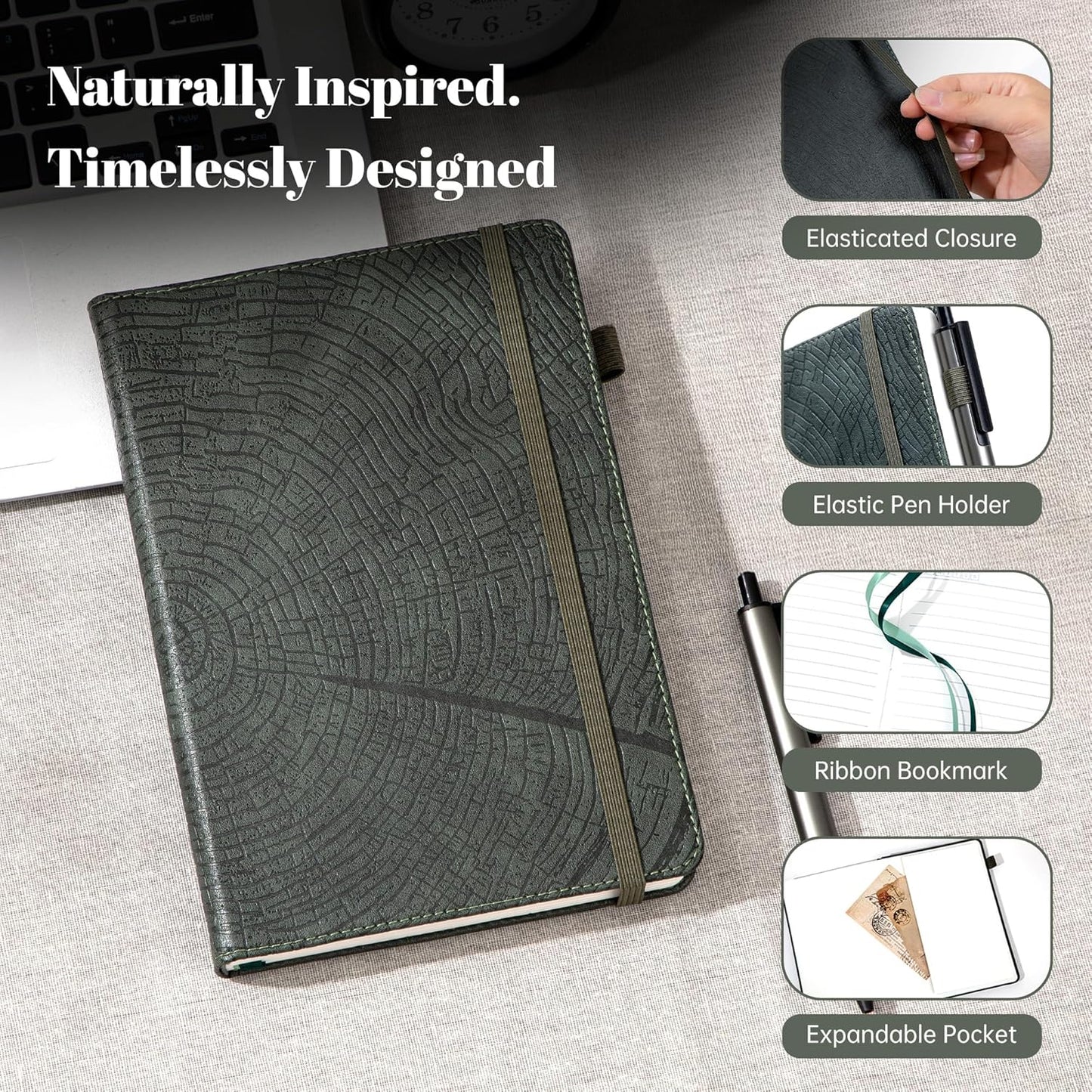 CAGIE Lined Journal for Men Women, Tree Growth Ring Leather Bound Journal Notebook, 256 Pages 100 GSM Journals for Writing, A5 Hardcover Journaling Notebooks for Work, Note Taking