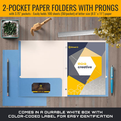 Better Office Products Blue Paper 2 Pocket Folders with Prongs, 50 Pack, Matte Texture, Letter Size Paper Folders, 50 Pack, with 3 Metal Prong Fastener Clips, Blue