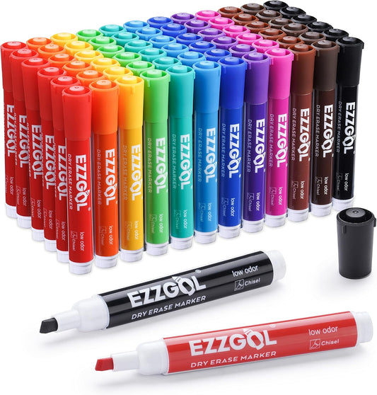 Ezzgol Dry Erase Markers Bulk, 72 Pack, 12 Colors Whiteboard Markers, Chisel Tip Dry Erase Markers Perfect for Writing on Dry Erase Whiteboard Mirror Glass for School, Office or Home
