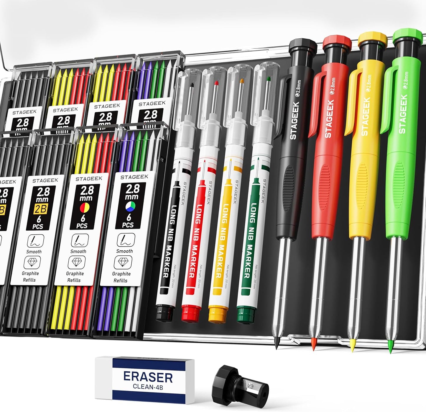 Carpenter Pencils with Sharpener, 2.8mm Mechanical Pencil Set with 26 Refills, Waterproof Deep Hole Long Nib Marker for Architect Marking, Heavy Duty Woodworking Tools for Construction Electricians