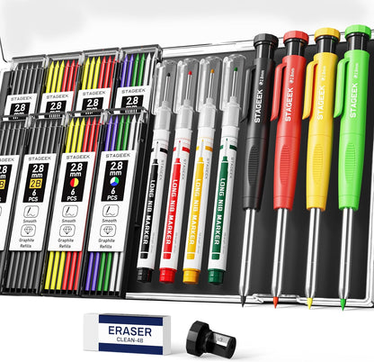 Carpenter Pencils with Sharpener, 2.8mm Mechanical Pencil Set with 26 Refills, Waterproof Deep Hole Long Nib Marker for Architect Marking, Heavy Duty Woodworking Tools for Construction Electricians