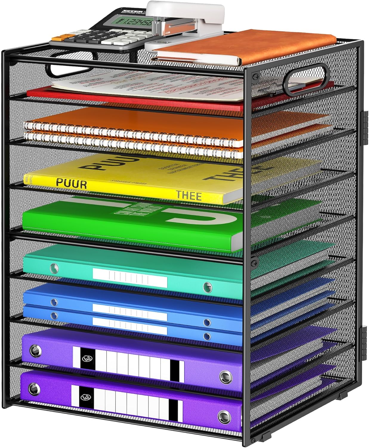 Cawukege 9 Tier Paper Organizer with Handle, Black Large Capacity Desk Organizer Mesh File Folder Letter Paper Tray Desktop Document Sorter for Classroom, School, and Office Accessories Organization