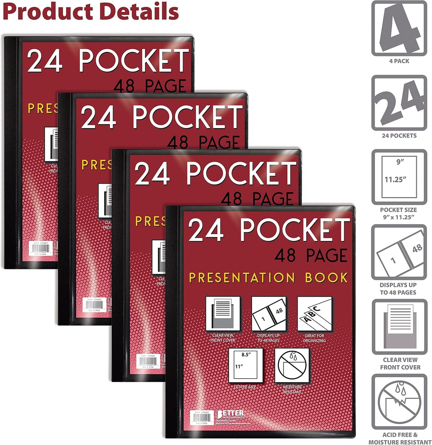 Better Office Products 24 Pocket Bound Presentation Book, Black, Clear View Front Cover, 48 Sheet Protector Pages, 8.5" x 11" Sheets, Art Portfolio, Durable Poly Covers, Letter Size (2 Pack)