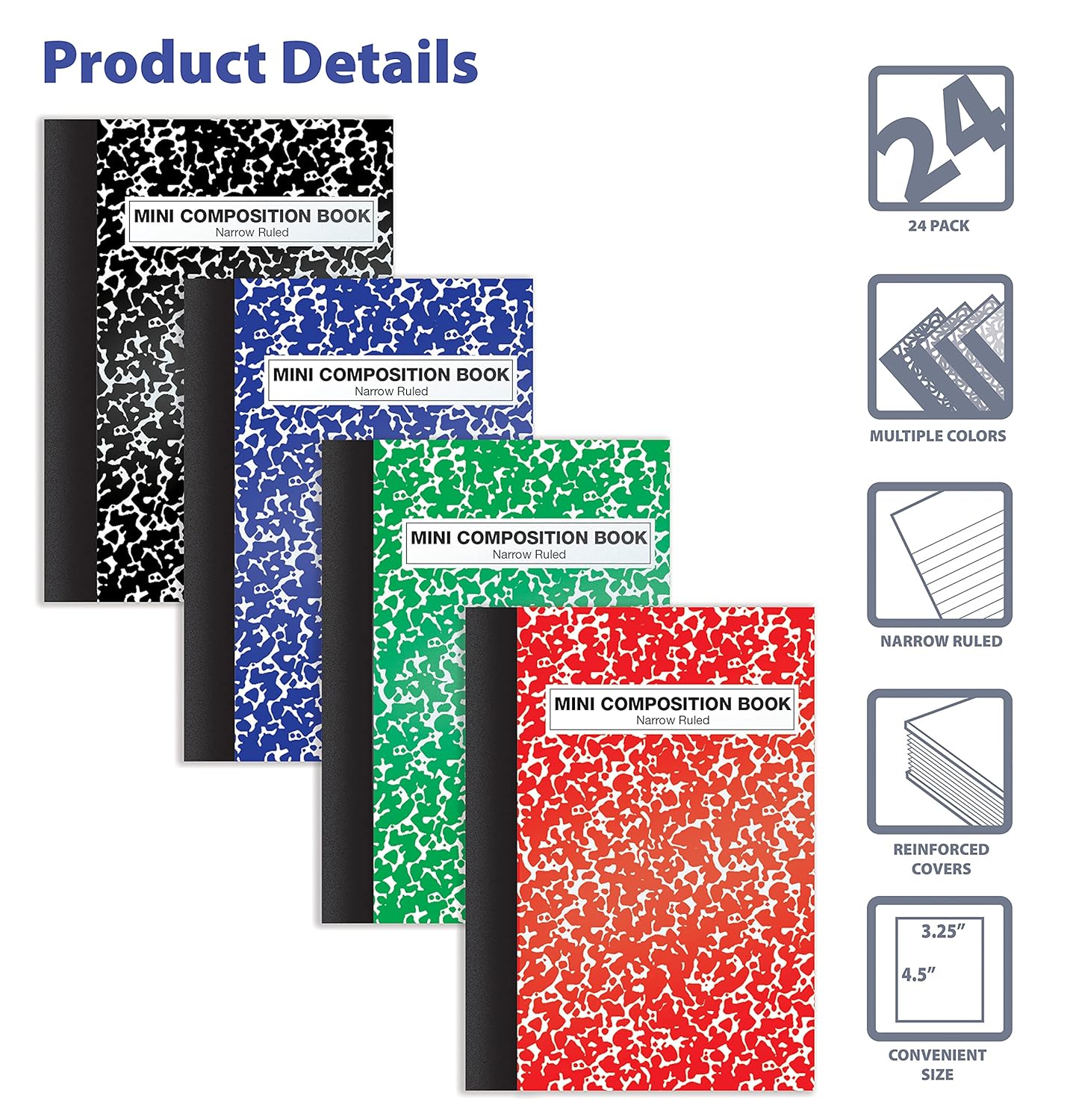 Better Office Products Mini Composition Books, 24 Pack, 4.5 x 3.25 inches, 80 Sheets, Narrow Ruled, Marble Covers in Red, Blue, Black, Green, 24 Pack