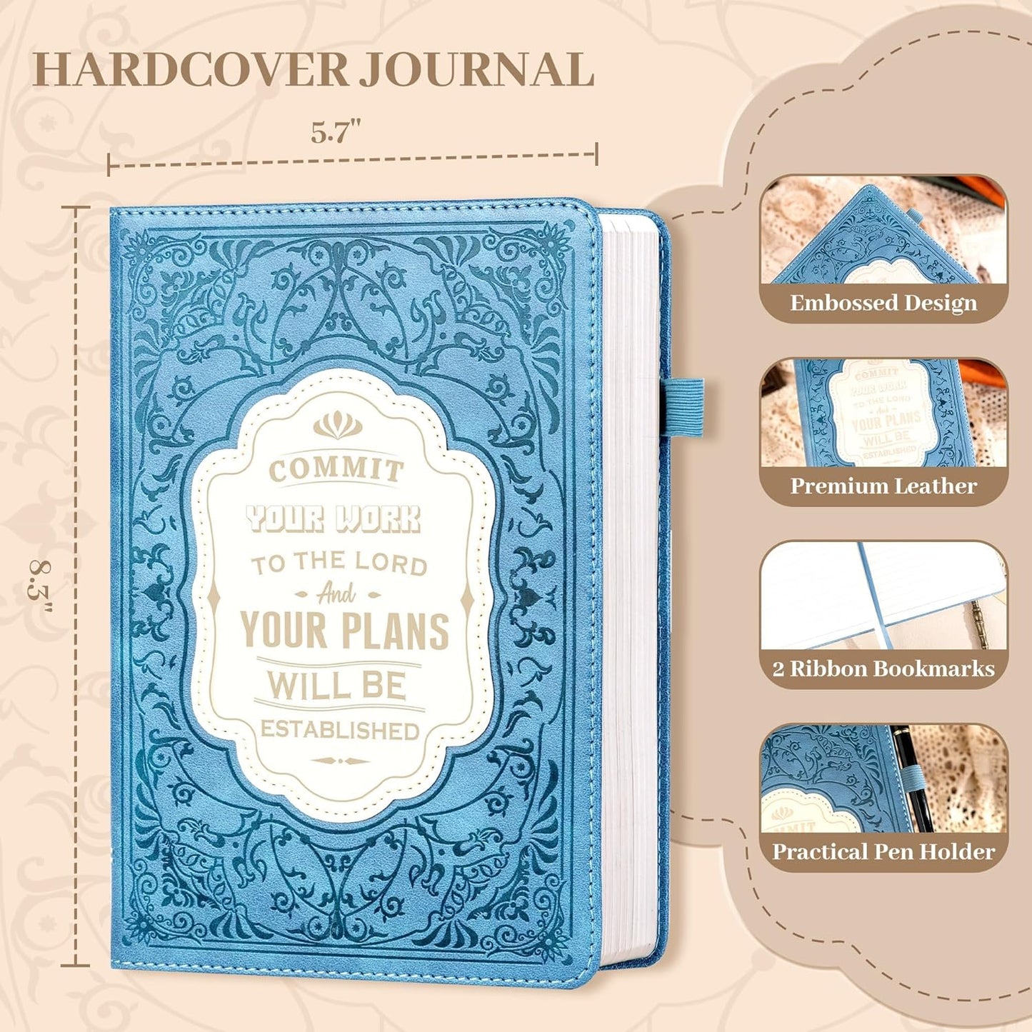 MINICAGIE Journal Notebook for Men Women Gifts Hardcover Leather Mens Journals for Writing 288 Pages 100 Gsm Paper Thick Journaling Notebooks for Work Diary, 5.7x8.3 In, Blue