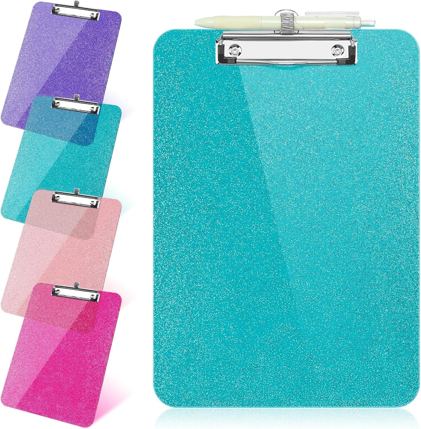 SFLHHDM 1 Pcs Clear Glitter Clipboards, Plastic Clipboard with Pen Holder, Size 8.85 x 12.4 in Shiny Clipboards with Low Profile Clip, Cute Hanging Clipboard for Office School Sparkly Clip Board-Pink