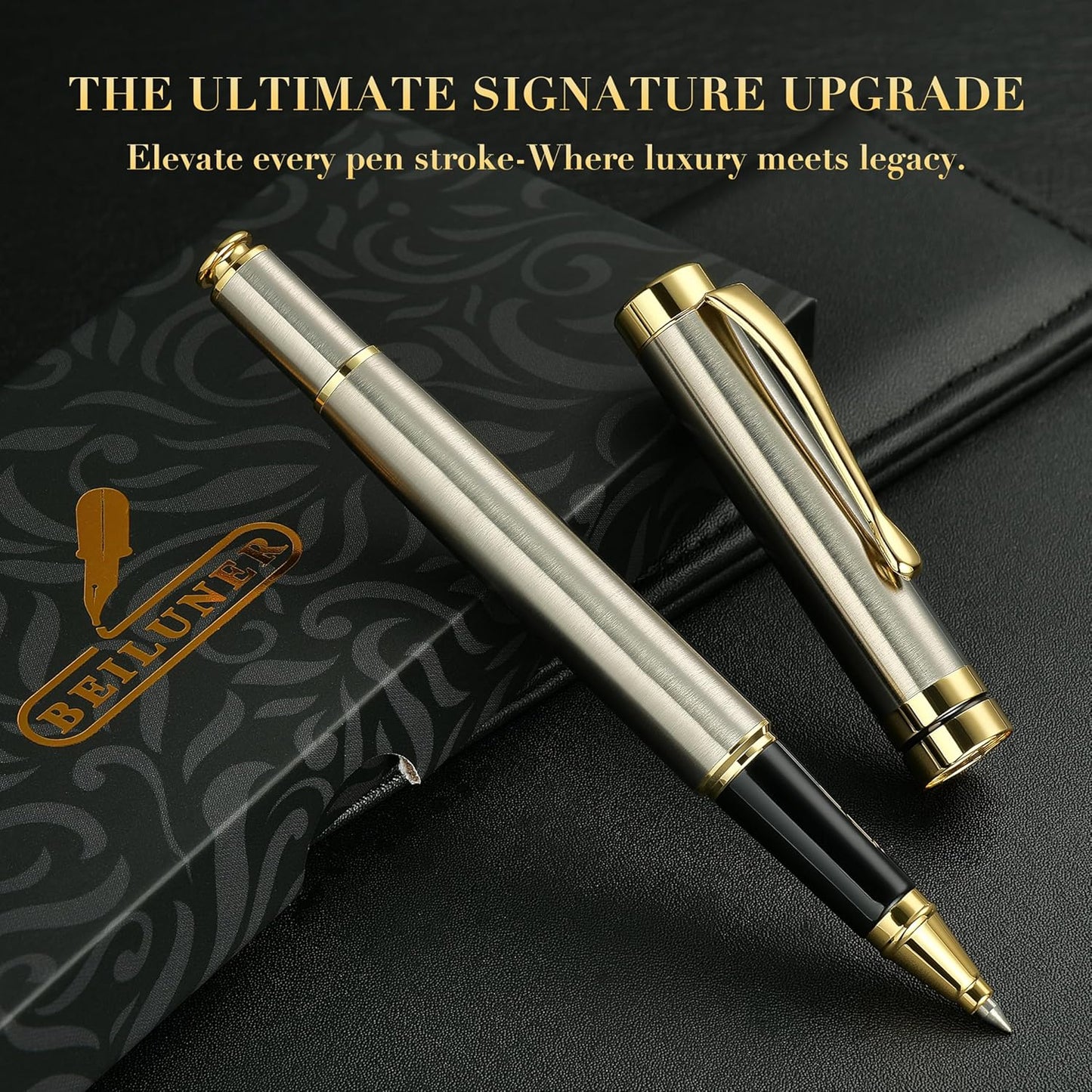 BEILUNER Ballpoint Pens, Stunning Black Chrome Metal Pen with Golden Trim, Best Ball Pen Gift Set for Men & Women, Professional, Executive, Office, Nice Pens-Gift Box with 0.5mm Black Extra Refill