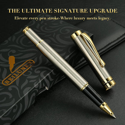 BEILUNER Ballpoint Pens, Stunning Black Chrome Metal Pen with Golden Trim, Best Ball Pen Gift Set for Men & Women, Professional, Executive, Office, Nice Pens-Gift Box with 0.5mm Black Extra Refill