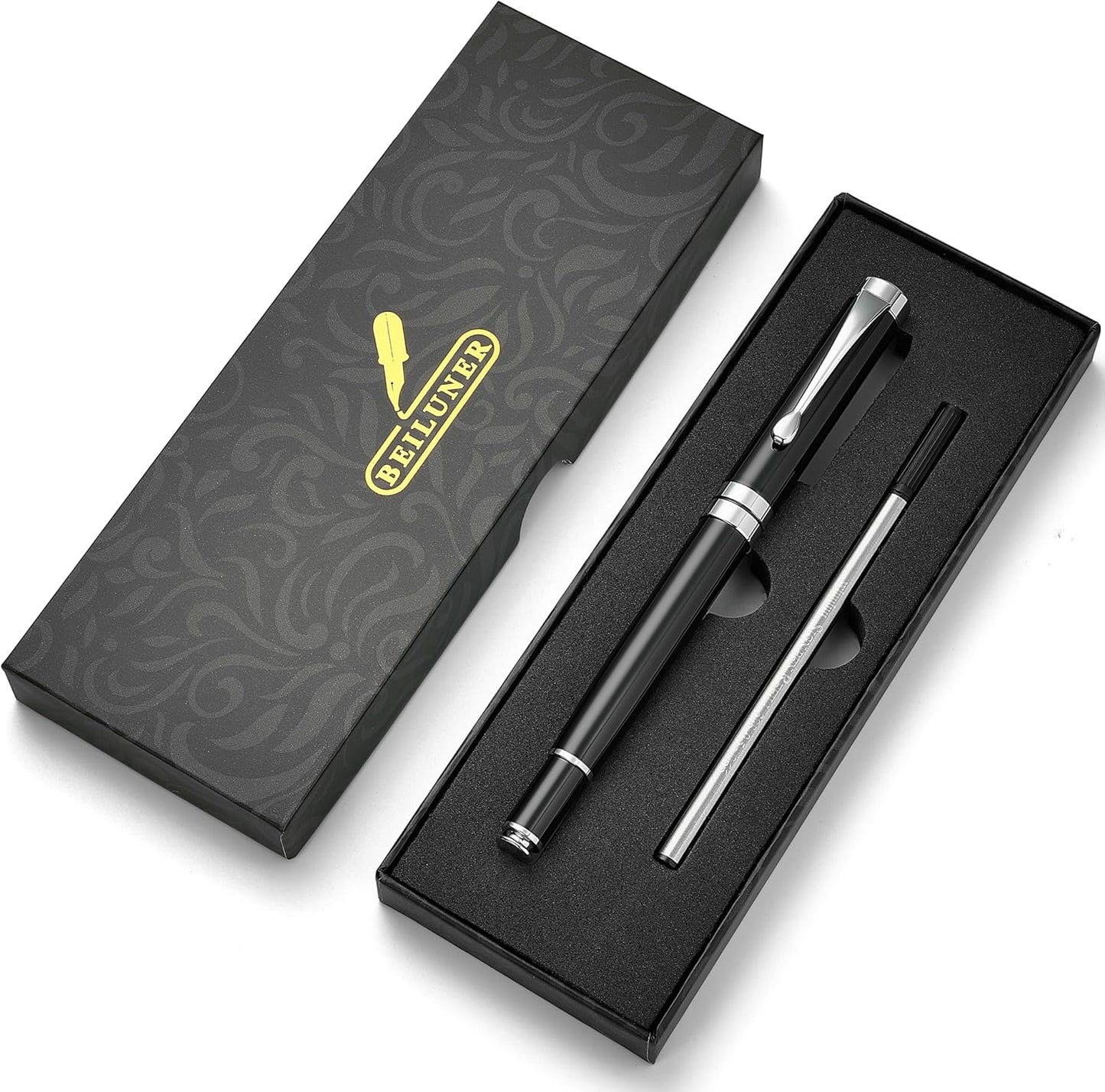 BEILUNER Ballpoint Pens, Stunning Black Chrome Metal Pen with Golden Trim, Best Ball Pen Gift Set for Men & Women, Professional, Executive, Office, Nice Pens-Gift Box with 0.5mm Black Extra Refill
