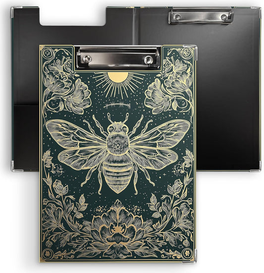 KU-DaYi Vintage Bee Floral Clipboard Padfolio with Storage Pocket, Bee Gifts for Women, Gothic Bumblebee Flower Low Profile Clip Boards for Nurse Office Classroom, 12.4 x 9.25 in