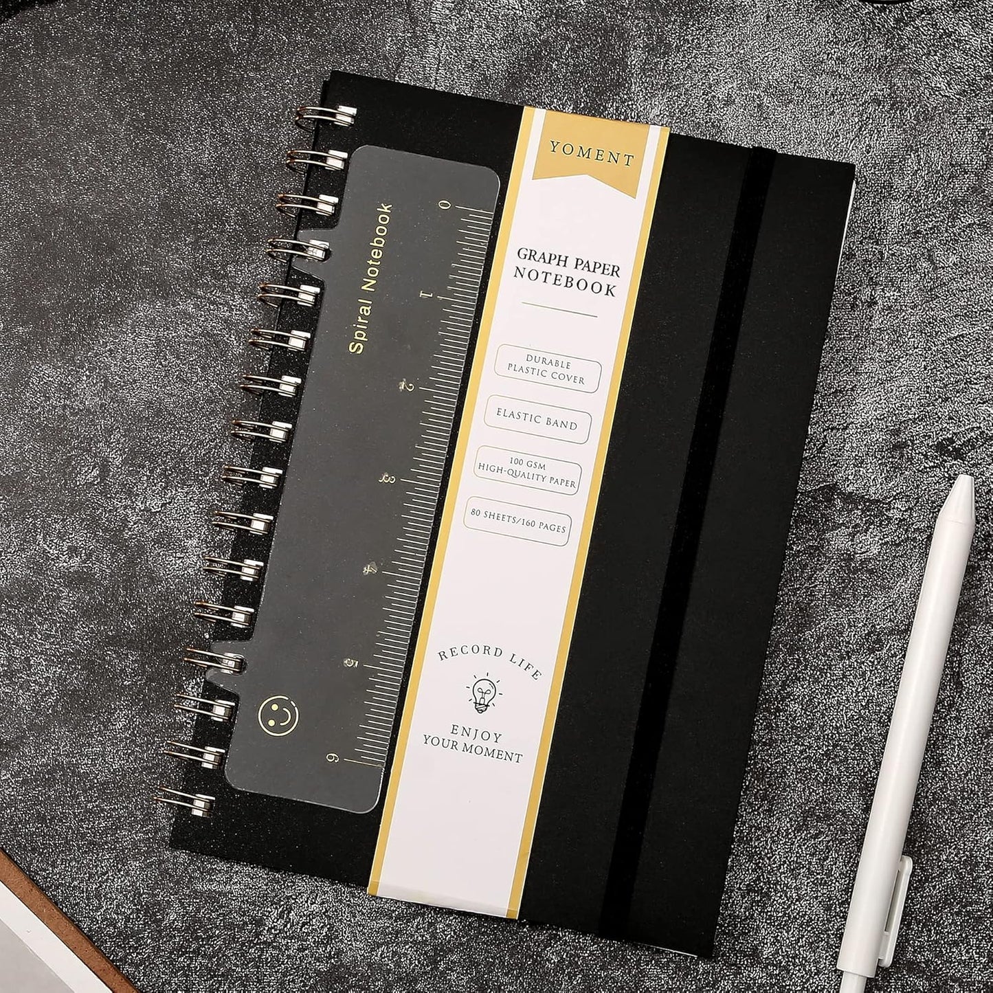Yoment Graph Paper Spiral Notebook A5 Graphing Notebook 160 Pages Graph Paper Notebook Spiral Bound Waterproof Plastic Hardcover Spiral Journal 5x7 Grid Notebooks for Note Taking,Black