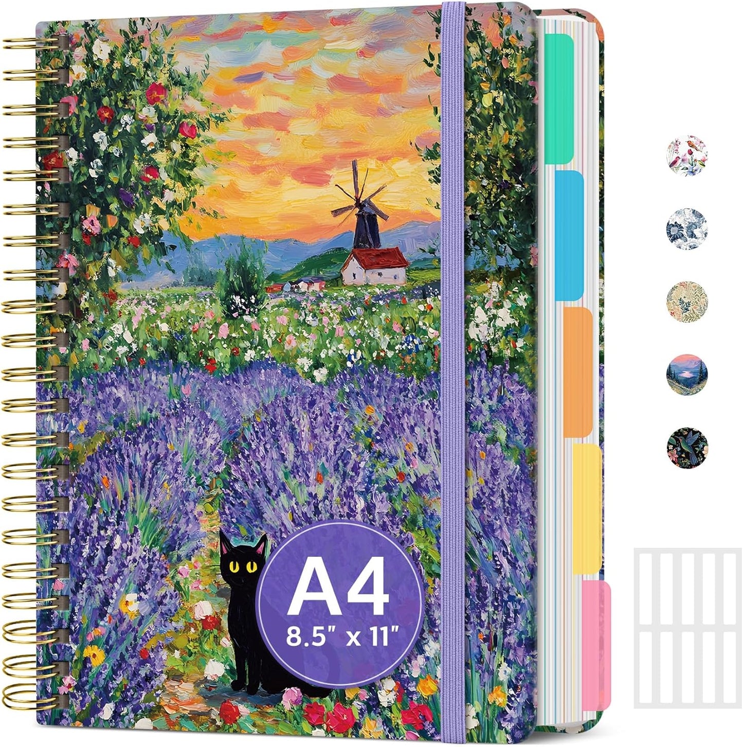 Large Lined Spiral Journal for Women Cute Hardcover 5 Subject Notebook for Work 8.5" x 11" with Removable Dividers & Tabs, College Ruled, 280 Pages Aesthetic Journal for Work, School & Note Taking, Garden of Whimsy