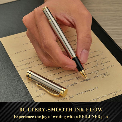 BEILUNER Ballpoint Pens, Stunning Black Chrome Metal Pen with Golden Trim, Best Ball Pen Gift Set for Men & Women, Professional, Executive, Office, Nice Pens-Gift Box with 0.5mm Black Extra Refill