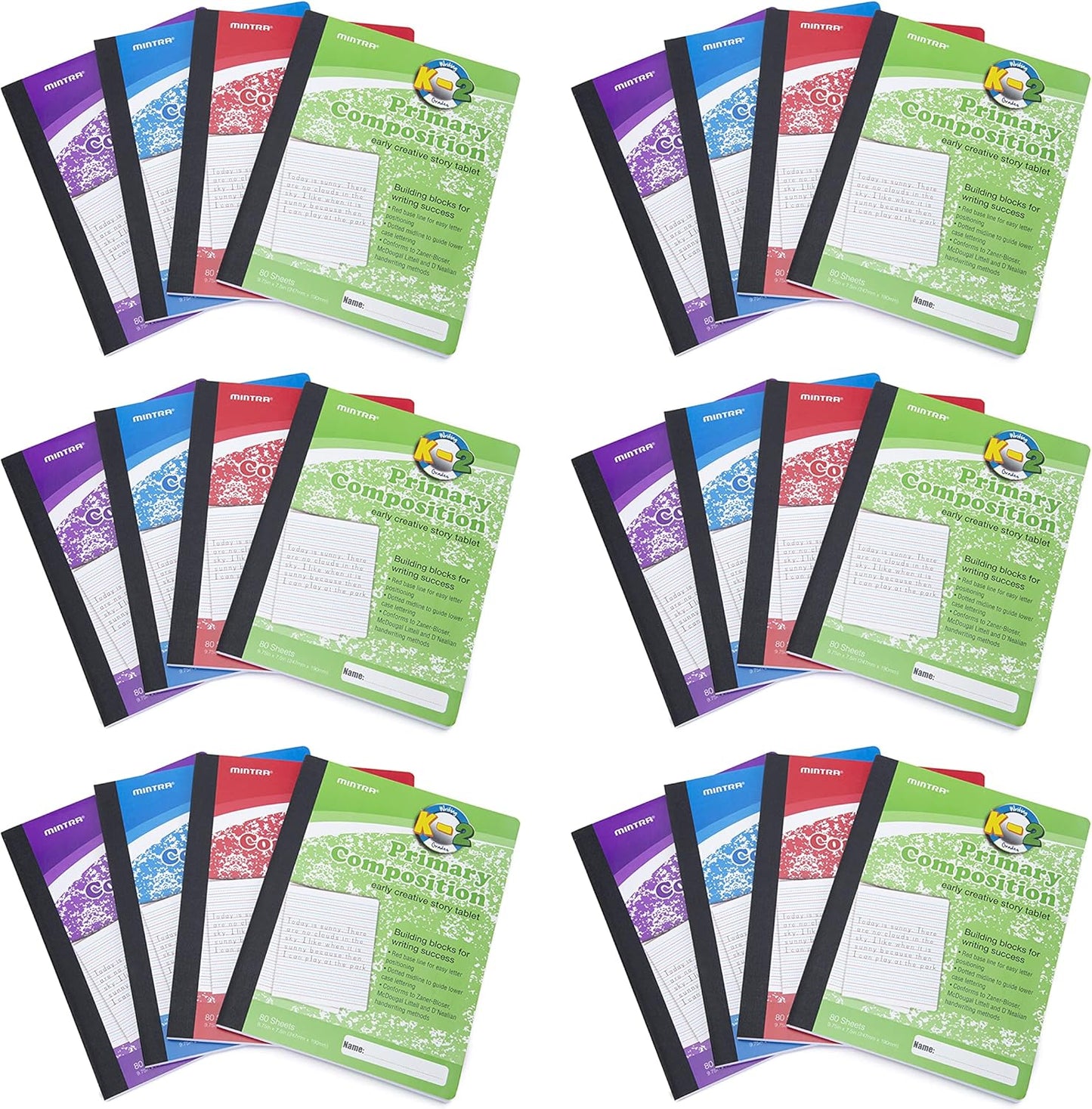 Mintra Primary Composition Notebook, 4 Pack, Assorted Colors 80 Sheets, 7.5in x 9.75in, 1/2 Sheet, Ruled with Drawing Area, Flexible Hardcover Journal, Grades K-2, School & Home Use