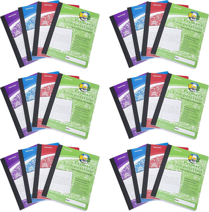 Mintra Primary Composition Notebook, 4 Pack, Assorted Colors 80 Sheets, 7.5in x 9.75in, 1/2 Sheet, Ruled with Drawing Area, Flexible Hardcover Journal, Grades K-2, School & Home Use