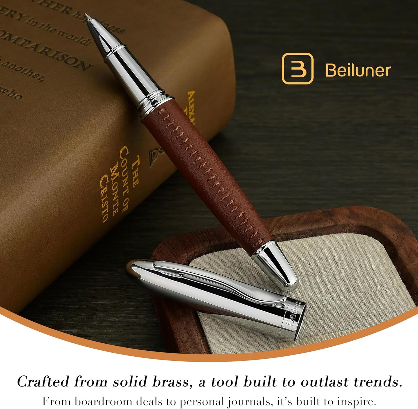 BEILUNER 318 Luxury Leather Pen, Hand-Stitched Premium Leather, Chrome-Plated Finish, Schmidt Ink Refill, Best Rollerball Pen Gift for Men & Women, Refillable, Executive Writing, Nice Pens