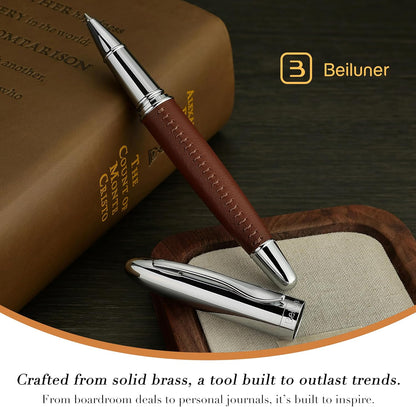 BEILUNER 318 Luxury Leather Pen, Hand-Stitched Premium Leather, Chrome-Plated Finish, Schmidt Ink Refill, Best Rollerball Pen Gift for Men & Women, Refillable, Executive Writing, Nice Pens