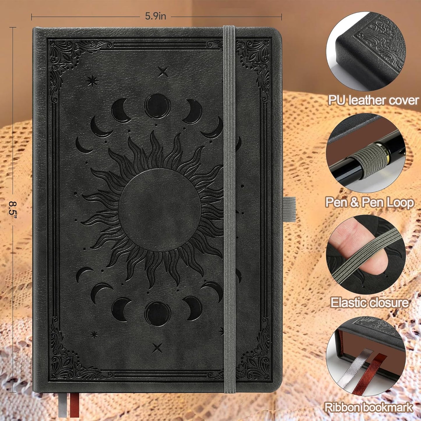 Journal Notebook for Women/Men, Daily for Classic Lined Writing,360 Pages Leather Hardcover with Vintage Sun & Moon Design, SeaGreen, A5 (14.5 x 21 cm)