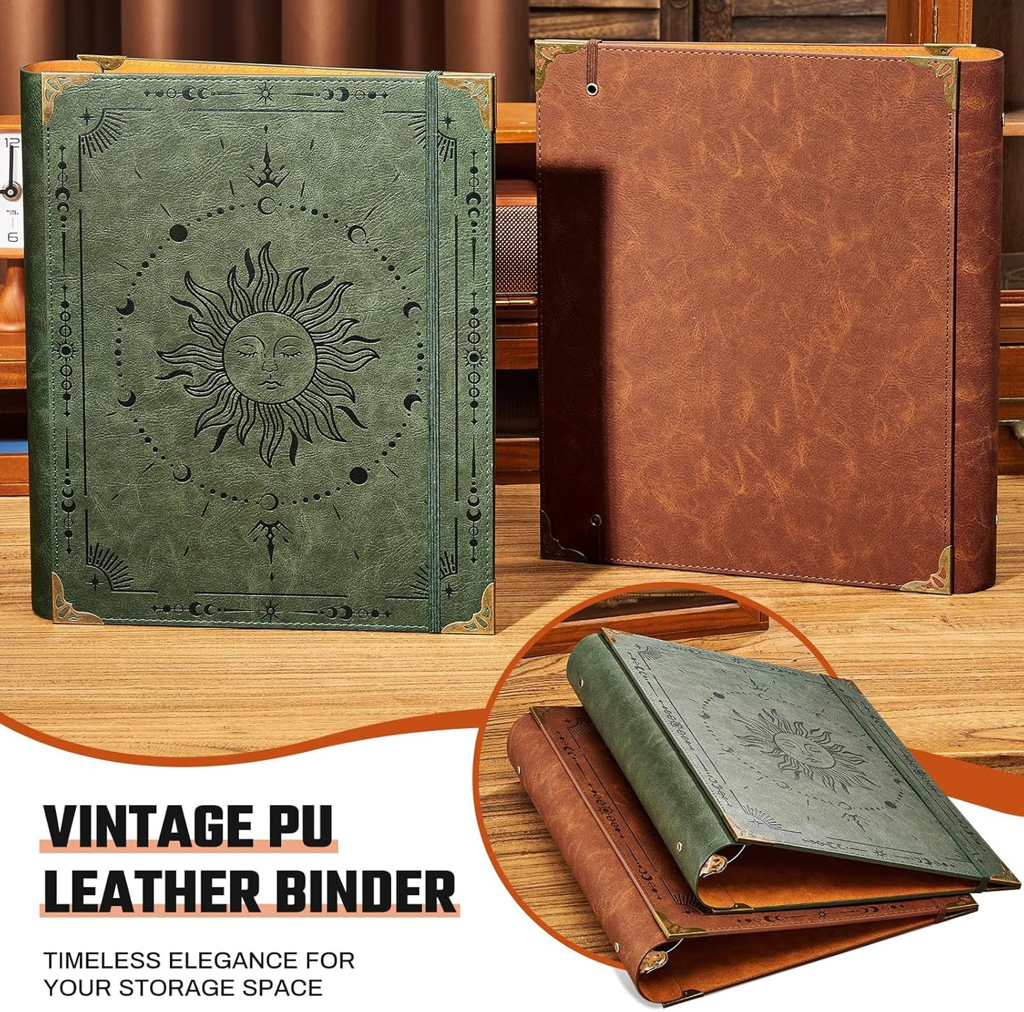Ovesmusl Leather 3 Ring Binder Fits 8.5"x11" Letter Size Paper, 1 Inch Round Ring Binder Holds 200 Sheets, Notebook Cover Loose Leaf Organizer, Green Tree