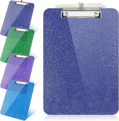 SFLHHDM 1 Pcs Clear Glitter Clipboards, Plastic Clipboard with Pen Holder, Size 8.85 x 12.4 in Shiny Clipboards with Low Profile Clip, Cute Hanging Clipboard for Office School Sparkly Clip Board-Pink