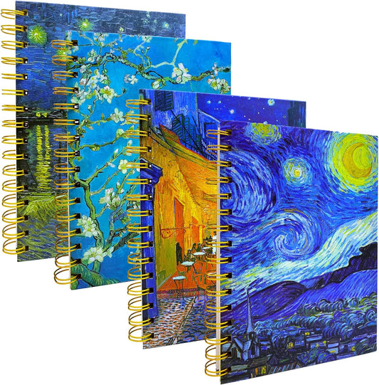4 Pack A5 Van Gogh Notebooks Thick Superhard Cover Spiral Notebooks Hardcover Spiral Journals Spiral Bound Journal 8.3"x 6.3" College Ruled 4x160 Pages 100GSM Supplies for School Office Gifts